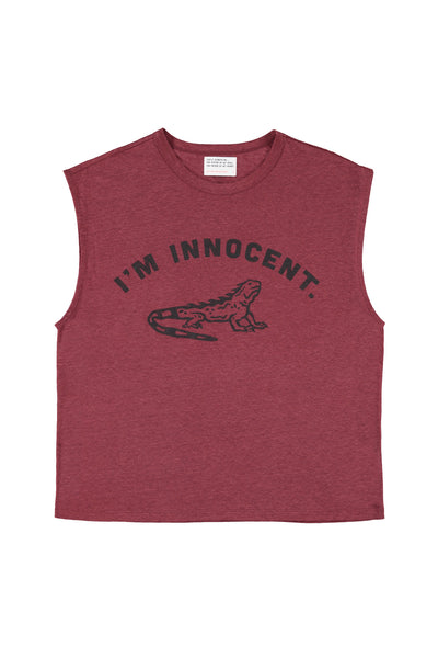 Sleeveless t-shirt w/ round neck i'm innocent" print