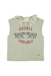 Sleeveless t-shirt w/ ruffled collar "double trouble" print
