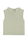 Sleeveless t-shirt w/ ruffled collar "double trouble" print