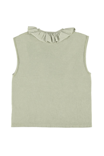 Sleeveless t-shirt w/ ruffled collar "double trouble" print
