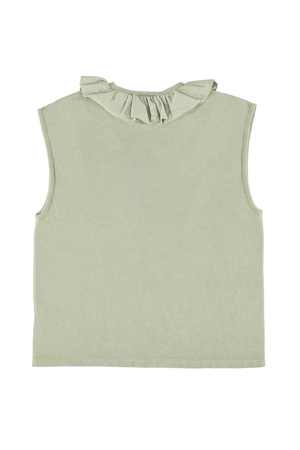 Sleeveless t-shirt w/ ruffled collar "double trouble" print