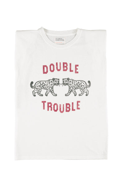 Sleeveless t-shirt w/ shoulder pads "double trouble" print
