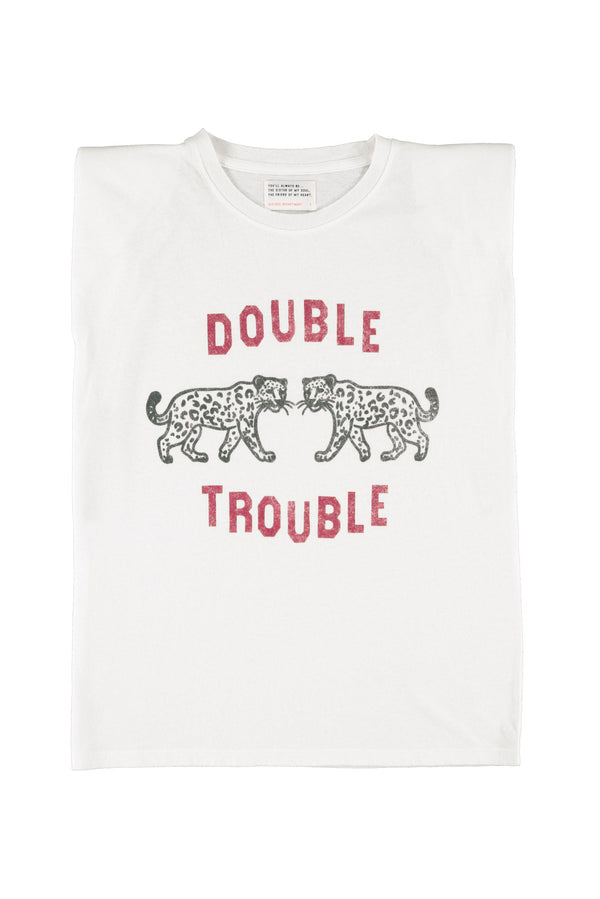Sleeveless t-shirt w/ shoulder pads "double trouble" print