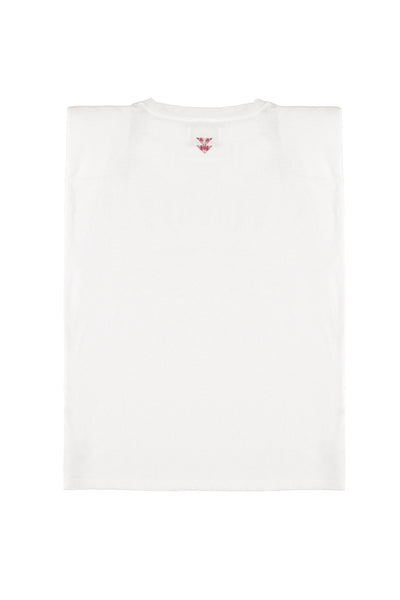 Sleeveless t-shirt w/ shoulder pads "double trouble" print