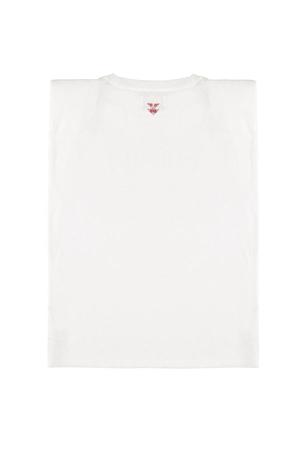 Sleeveless t-shirt w/ shoulder pads "double trouble" print